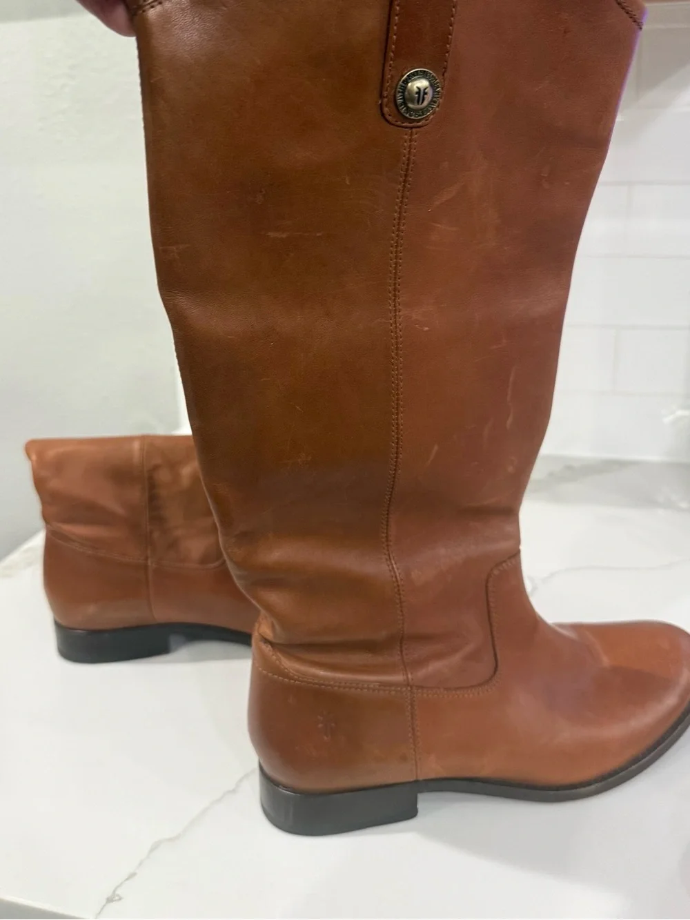 Frye Tall Leather Riding Boots in Cognac Brown